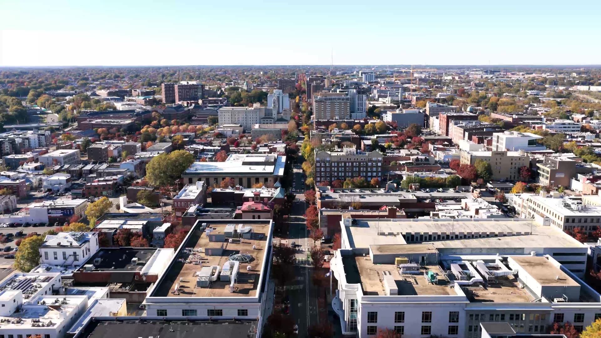 Aerial view of a Virginia downtown in autumn